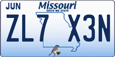 MO license plate ZL7X3N