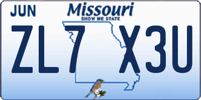 MO license plate ZL7X3U