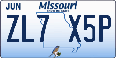 MO license plate ZL7X5P
