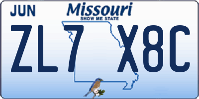 MO license plate ZL7X8C