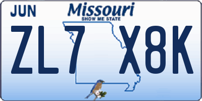 MO license plate ZL7X8K