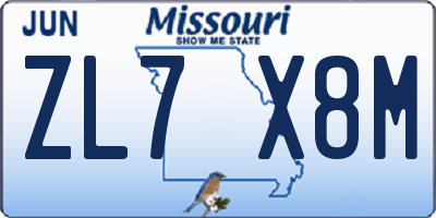 MO license plate ZL7X8M