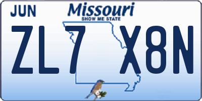 MO license plate ZL7X8N