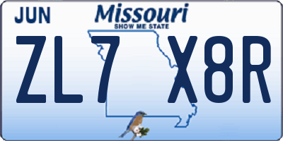 MO license plate ZL7X8R