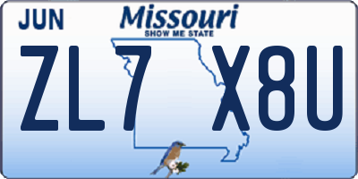 MO license plate ZL7X8U