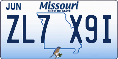 MO license plate ZL7X9I