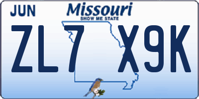 MO license plate ZL7X9K