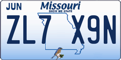 MO license plate ZL7X9N