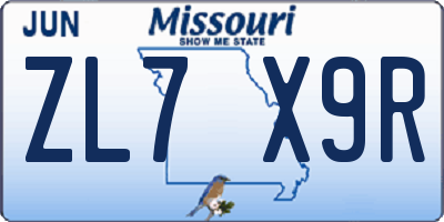 MO license plate ZL7X9R
