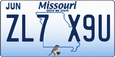 MO license plate ZL7X9U