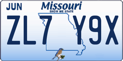 MO license plate ZL7Y9X