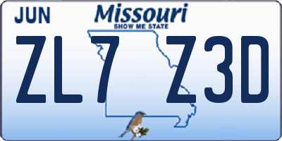 MO license plate ZL7Z3D