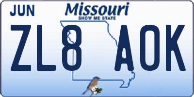 MO license plate ZL8A0K