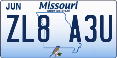 MO license plate ZL8A3U