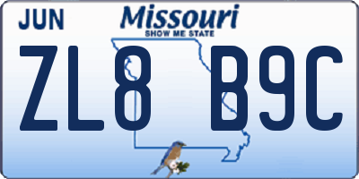 MO license plate ZL8B9C
