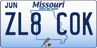 MO license plate ZL8C0K