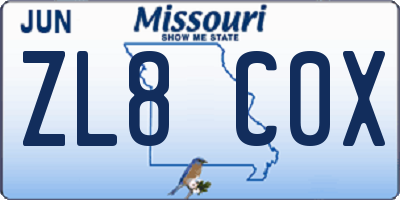 MO license plate ZL8C0X