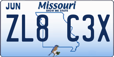 MO license plate ZL8C3X
