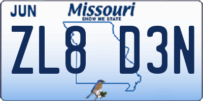 MO license plate ZL8D3N