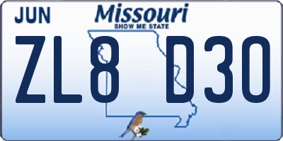 MO license plate ZL8D3O