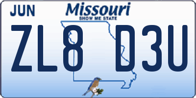 MO license plate ZL8D3U