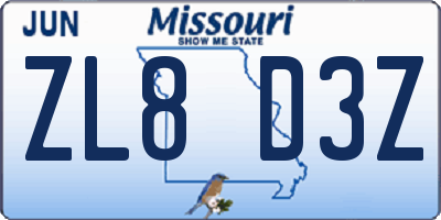 MO license plate ZL8D3Z