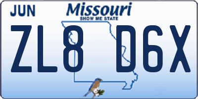 MO license plate ZL8D6X