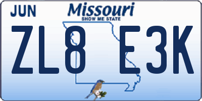 MO license plate ZL8E3K