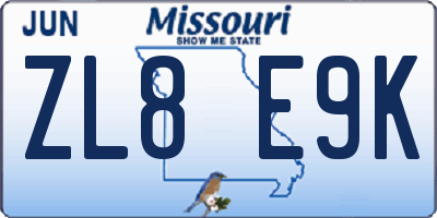 MO license plate ZL8E9K