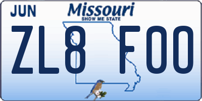 MO license plate ZL8F0O