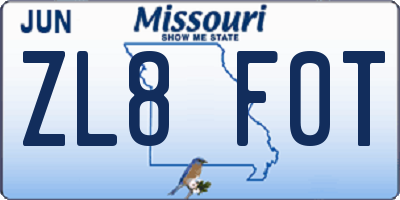 MO license plate ZL8F0T