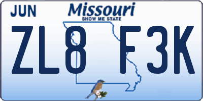 MO license plate ZL8F3K
