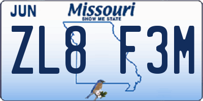 MO license plate ZL8F3M
