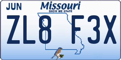 MO license plate ZL8F3X