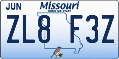 MO license plate ZL8F3Z