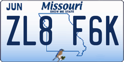 MO license plate ZL8F6K