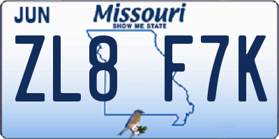 MO license plate ZL8F7K
