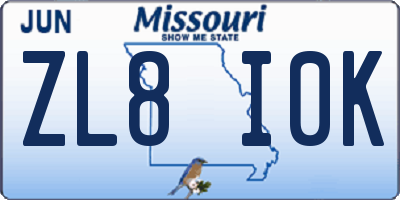 MO license plate ZL8I0K