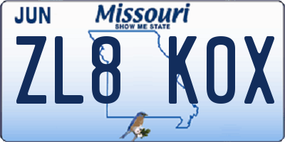 MO license plate ZL8K0X