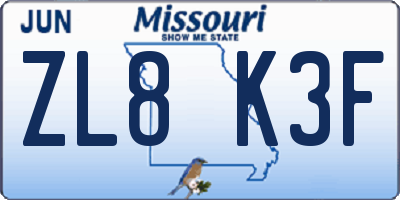 MO license plate ZL8K3F