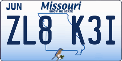 MO license plate ZL8K3I