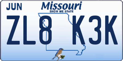 MO license plate ZL8K3K