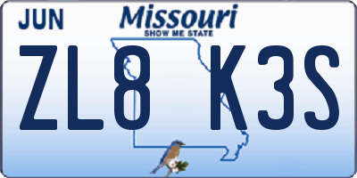MO license plate ZL8K3S