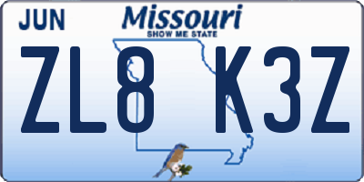 MO license plate ZL8K3Z
