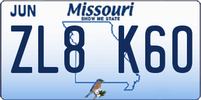 MO license plate ZL8K6O