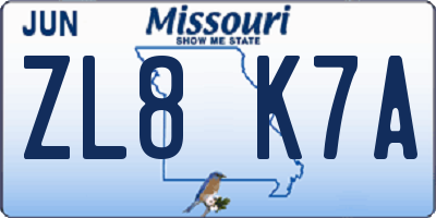 MO license plate ZL8K7A