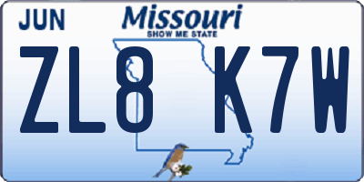 MO license plate ZL8K7W