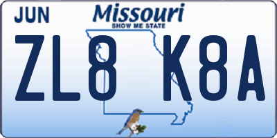 MO license plate ZL8K8A