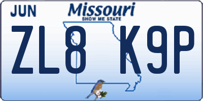 MO license plate ZL8K9P