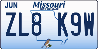 MO license plate ZL8K9W